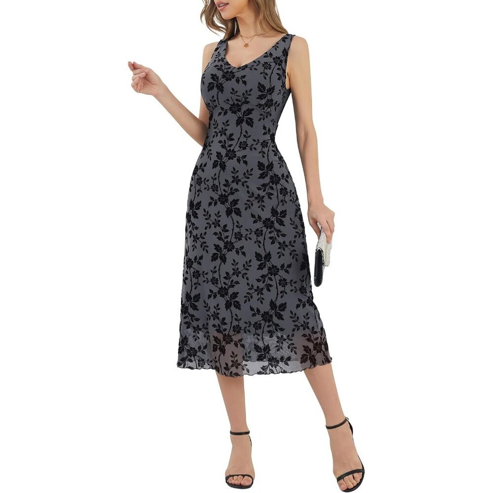 Women's Grey V Neck Sleeveless Mesh Maxi Dress Casual Elegant Long Floral - Picture 5 of 5